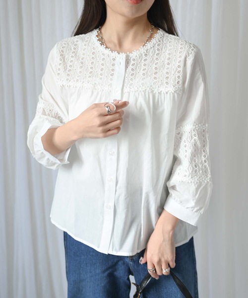 ＆HALF（アンドハーフ）の「【indian Cotton Collection】ノーカラー切替刺繍ブラウス（テーラードジャケット・レディース・ブラック/オフホワイト/ライトグレー・M）」の21枚目の写真