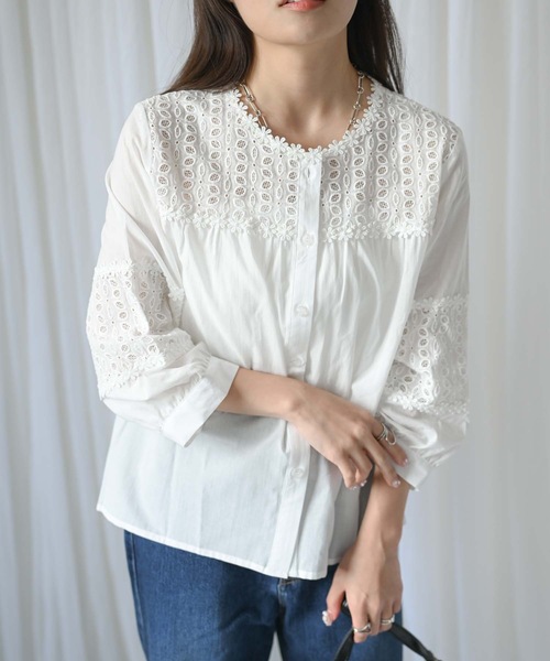 ＆HALF（アンドハーフ）の「【indian Cotton Collection】ノーカラー切替刺繍ブラウス（テーラードジャケット・レディース・ブラック/オフホワイト/ライトグレー・M）」の22枚目の写真
