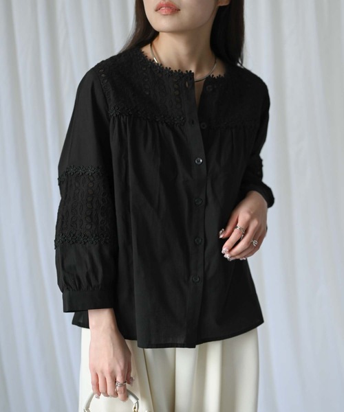 ＆HALF（アンドハーフ）の「【indian Cotton Collection】ノーカラー切替刺繍ブラウス（テーラードジャケット・レディース・ブラック/オフホワイト/ライトグレー・M）」の6枚目の写真