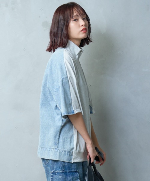 A.D.C.L.(エーディーシーエル)の「デニム切替 オーバーサイズ 半袖 ハーフジッププルオーバー(Tシャツ/カットソー・レディース・サックスブルー・M/L)」の1枚目の写真