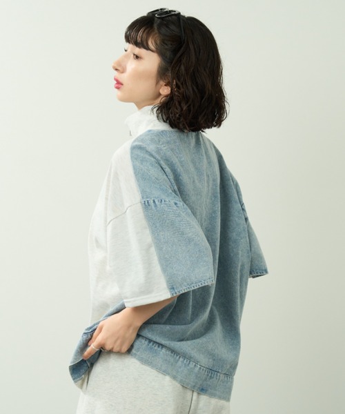 A.D.C.L.(エーディーシーエル)の「デニム切替 オーバーサイズ 半袖 ハーフジッププルオーバー(Tシャツ/カットソー・レディース・サックスブルー・M/L)」の2枚目の写真