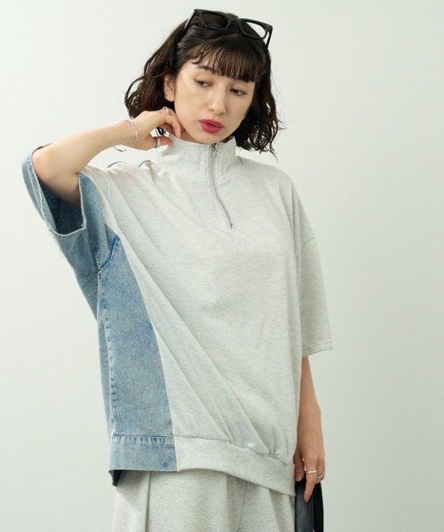A.D.C.L.(エーディーシーエル)の「デニム切替 オーバーサイズ 半袖 ハーフジッププルオーバー(Tシャツ/カットソー・レディース・サックスブルー・M/L)」の4枚目の写真