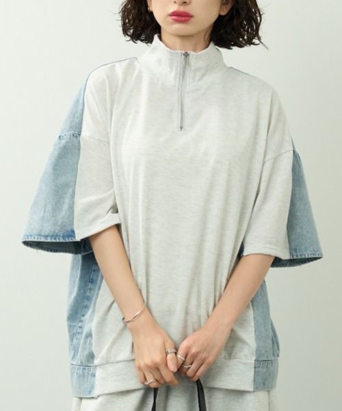 A.D.C.L.(エーディーシーエル)の「デニム切替 オーバーサイズ 半袖 ハーフジッププルオーバー(Tシャツ/カットソー・レディース・サックスブルー・M/L)」の5枚目の写真