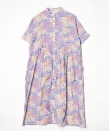 水彩花柄スタンドカラータックワンピース