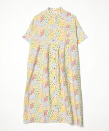 水彩花柄スタンドカラータックワンピース