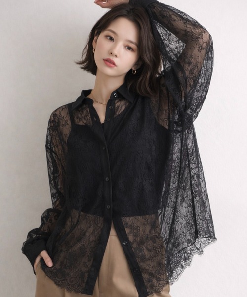 Dolce Fiora(ドルチェフィオラ)の「レースシャツ/オーバーサイズ / ボリュームスリーブ / シャツ フェミニン / 大人シャツ(シャツ/ブラウス・レディース・ブラック・フリー)」の1枚目の写真