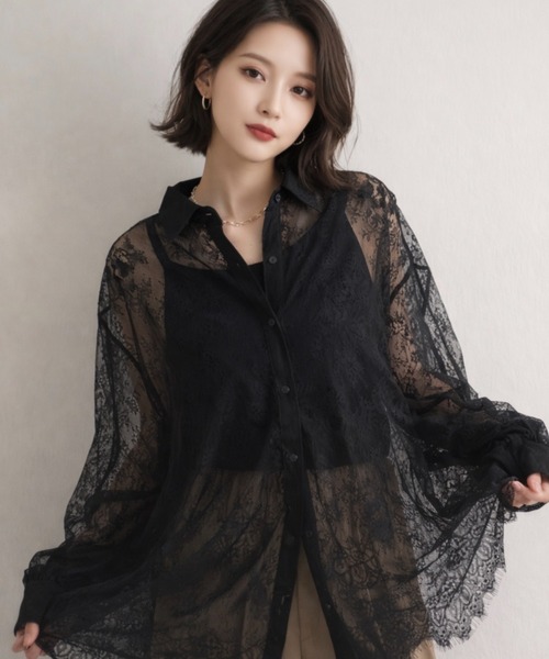 Dolce Fiora(ドルチェフィオラ)の「レースシャツ/オーバーサイズ / ボリュームスリーブ / シャツ フェミニン / 大人シャツ(シャツ/ブラウス・レディース・ブラック・フリー)」の2枚目の写真