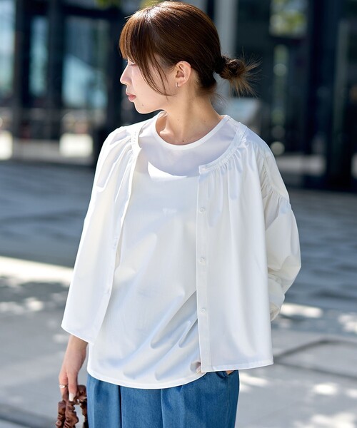 RONEL(ロネル)の「【RONEL】(接触冷感・UVカット)ラッシュギャザーブラウス(シャツ/ブラウス・レディース・オフホワイト/ダークグリーン/モカ・FREE)」の15枚目の写真