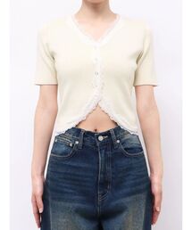 レースエッジハーフスリーブリブトップ