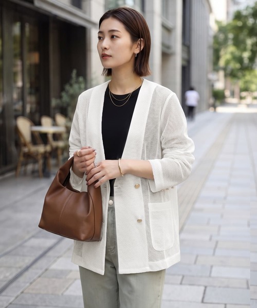 STYLE DELI(スタイルデリ)の「【selection】メッシュノーカラーダブルジャケット(ノーカラージャケット・レディース・ブラック/オフホワイト・FREE)」の1枚目の写真