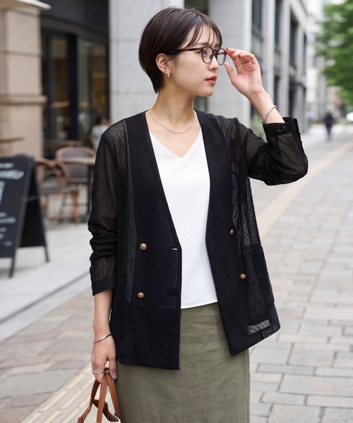 STYLE DELI(スタイルデリ)の「【selection】メッシュノーカラーダブルジャケット(ノーカラージャケット・レディース・ブラック/オフホワイト・FREE)」の2枚目の写真