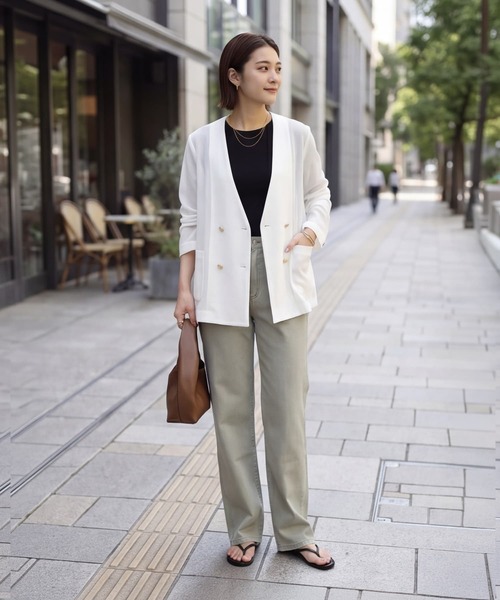 STYLE DELI(スタイルデリ)の「【selection】メッシュノーカラーダブルジャケット(ノーカラージャケット・レディース・ブラック/オフホワイト・FREE)」の3枚目の写真