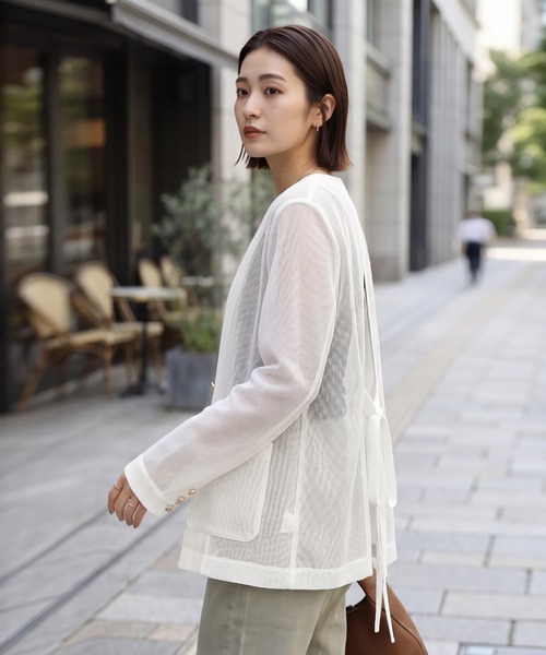 STYLE DELI(スタイルデリ)の「【selection】メッシュノーカラーダブルジャケット(ノーカラージャケット・レディース・ブラック/オフホワイト・FREE)」の4枚目の写真