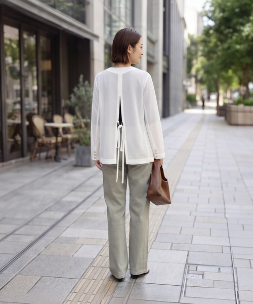 STYLE DELI(スタイルデリ)の「【selection】メッシュノーカラーダブルジャケット(ノーカラージャケット・レディース・ブラック/オフホワイト・FREE)」の5枚目の写真