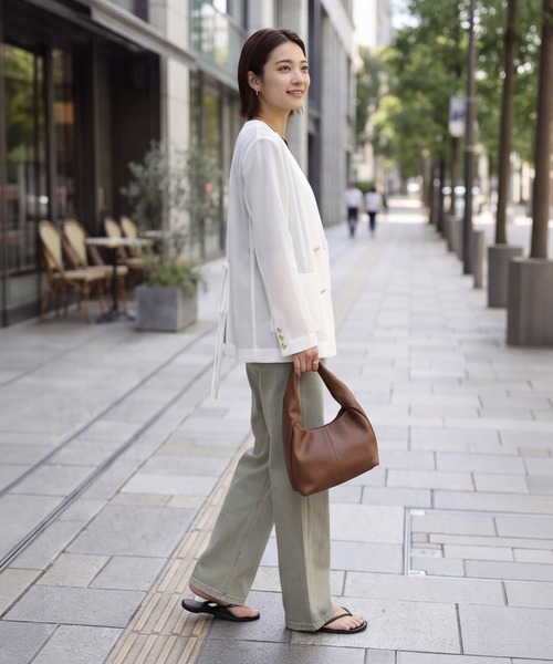 STYLE DELI(スタイルデリ)の「【selection】メッシュノーカラーダブルジャケット(ノーカラージャケット・レディース・ブラック/オフホワイト・FREE)」の6枚目の写真