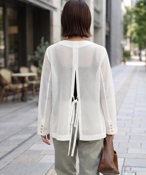 STYLE DELI(スタイルデリ)の「【selection】メッシュノーカラーダブルジャケット(ノーカラージャケット・レディース・ブラック/オフホワイト・FREE)」の7枚目の写真