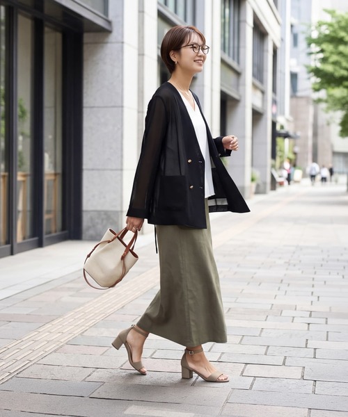 STYLE DELI(スタイルデリ)の「【selection】メッシュノーカラーダブルジャケット(ノーカラージャケット・レディース・ブラック/オフホワイト・FREE)」の8枚目の写真