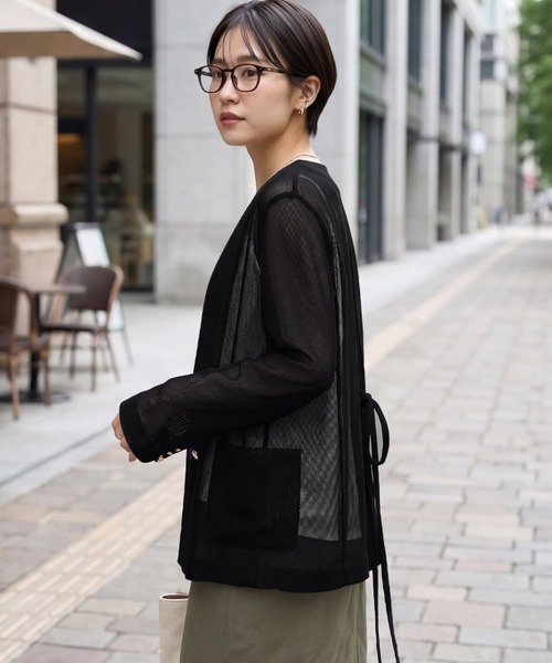 STYLE DELI(スタイルデリ)の「【selection】メッシュノーカラーダブルジャケット(ノーカラージャケット・レディース・ブラック/オフホワイト・FREE)」の9枚目の写真