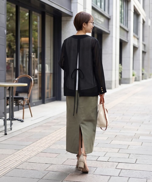 STYLE DELI(スタイルデリ)の「【selection】メッシュノーカラーダブルジャケット(ノーカラージャケット・レディース・ブラック/オフホワイト・FREE)」の10枚目の写真