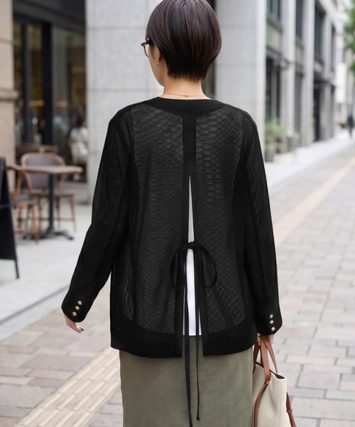 STYLE DELI(スタイルデリ)の「【selection】メッシュノーカラーダブルジャケット(ノーカラージャケット・レディース・ブラック/オフホワイト・FREE)」の12枚目の写真