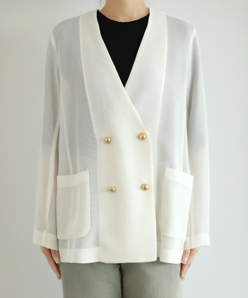 STYLE DELI(スタイルデリ)の「【selection】メッシュノーカラーダブルジャケット(ノーカラージャケット・レディース・ブラック/オフホワイト・FREE)」の13枚目の写真