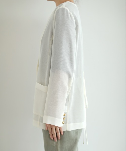 STYLE DELI(スタイルデリ)の「【selection】メッシュノーカラーダブルジャケット(ノーカラージャケット・レディース・ブラック/オフホワイト・FREE)」の14枚目の写真