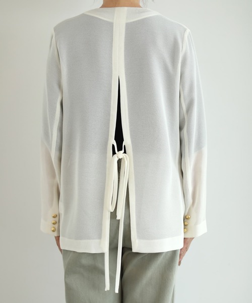 STYLE DELI(スタイルデリ)の「【selection】メッシュノーカラーダブルジャケット(ノーカラージャケット・レディース・ブラック/オフホワイト・FREE)」の15枚目の写真