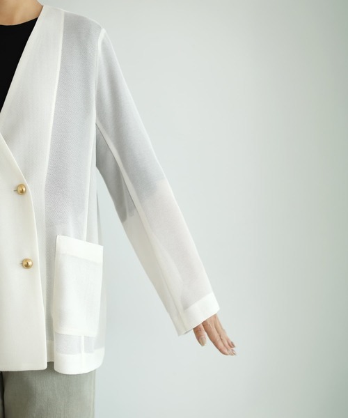 STYLE DELI(スタイルデリ)の「【selection】メッシュノーカラーダブルジャケット(ノーカラージャケット・レディース・ブラック/オフホワイト・FREE)」の20枚目の写真