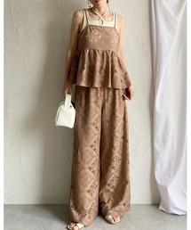 花柄 ブロックレース キャミソール ビスチェ ワイドパンツ セットアップ
