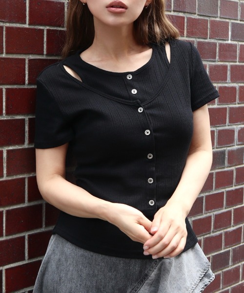 CECIL McBEE（セシルマクビー）の「レイヤードトップス（Tシャツ/カットソー・レディース・グリーン/ブラック/アイボリー・FREE）」の2枚目の写真