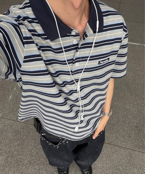 Perushu（ペルーシュ）の「ONEPOINT RETRO MULTI BORDER POLO／ワンポイントレトロマルチボーダーポロ（ポロシャツ・メンズ・ネイビー/アイボリー/ブラック・MEDIUM/LARGE/SMALL）」の3枚目の写真