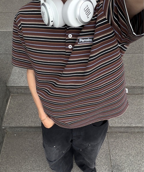 Perushu（ペルーシュ）の「ONEPOINT RETRO MULTI BORDER POLO／ワンポイントレトロマルチボーダーポロ（ポロシャツ・メンズ・ネイビー/アイボリー/ブラック・MEDIUM/LARGE/SMALL）」の2枚目の写真