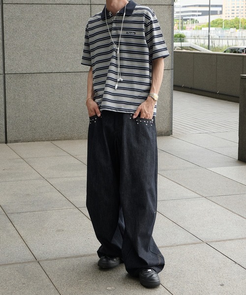 Perushu（ペルーシュ）の「ONEPOINT RETRO MULTI BORDER POLO／ワンポイントレトロマルチボーダーポロ（ポロシャツ・メンズ・ネイビー/アイボリー/ブラック・MEDIUM/LARGE/SMALL）」の8枚目の写真