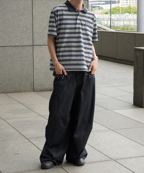 Perushu（ペルーシュ）の「ONEPOINT RETRO MULTI BORDER POLO／ワンポイントレトロマルチボーダーポロ（ポロシャツ・メンズ・ネイビー/アイボリー/ブラック・MEDIUM/LARGE/SMALL）」の9枚目の写真