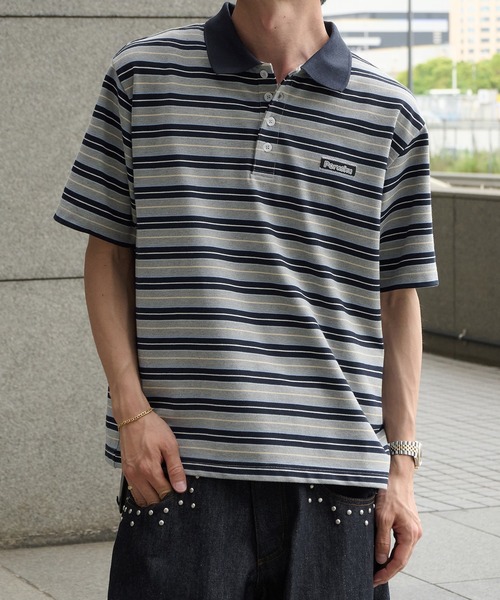 Perushu（ペルーシュ）の「ONEPOINT RETRO MULTI BORDER POLO／ワンポイントレトロマルチボーダーポロ（ポロシャツ・メンズ・ネイビー/アイボリー/ブラック・MEDIUM/LARGE/SMALL）」の5枚目の写真