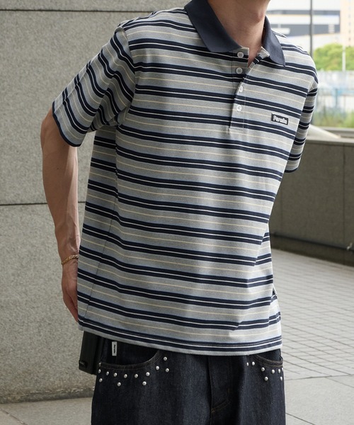 Perushu（ペルーシュ）の「ONEPOINT RETRO MULTI BORDER POLO／ワンポイントレトロマルチボーダーポロ（ポロシャツ・メンズ・ネイビー/アイボリー/ブラック・MEDIUM/LARGE/SMALL）」の6枚目の写真