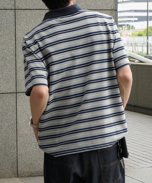 Perushu（ペルーシュ）の「ONEPOINT RETRO MULTI BORDER POLO／ワンポイントレトロマルチボーダーポロ（ポロシャツ・メンズ・ネイビー/アイボリー/ブラック・MEDIUM/LARGE/SMALL）」の7枚目の写真