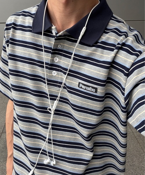 Perushu（ペルーシュ）の「ONEPOINT RETRO MULTI BORDER POLO／ワンポイントレトロマルチボーダーポロ（ポロシャツ・メンズ・ネイビー/アイボリー/ブラック・MEDIUM/LARGE/SMALL）」の4枚目の写真