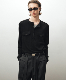 リブヘンリーネックロングスリーブTシャツ(ブラック)