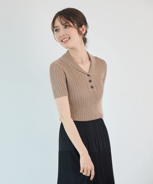Futier land(フューティアランド)の「すっきり細見え。ハーフボタンVネック半袖リブニット / サマーニット(ニット/セーター・レディース・モカ/ブルー/ホワイト・FREE)」の18枚目の写真