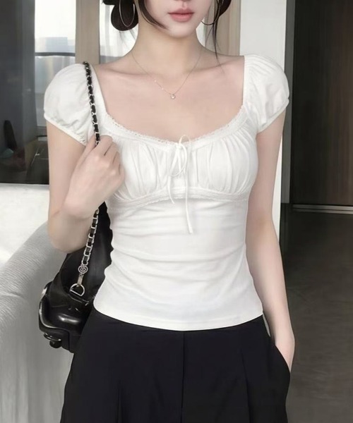 Achic(アシック)の「レースリボンギャザー半袖トップス(Tシャツ/カットソー・レディース・ダークグレー/ホワイト・M)」の7枚目の写真