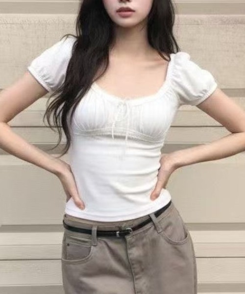 Achic(アシック)の「レースリボンギャザー半袖トップス(Tシャツ/カットソー・レディース・ダークグレー/ホワイト・M)」の9枚目の写真