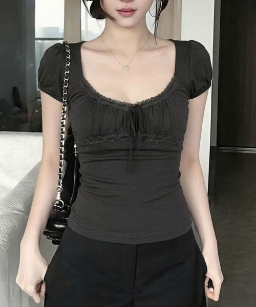 Achic(アシック)の「レースリボンギャザー半袖トップス(Tシャツ/カットソー・レディース・ダークグレー/ホワイト・M)」の14枚目の写真