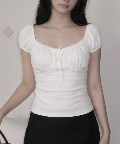 Achic(アシック)の「レースリボンギャザー半袖トップス(Tシャツ/カットソー・レディース・ダークグレー/ホワイト・M)」の10枚目の写真