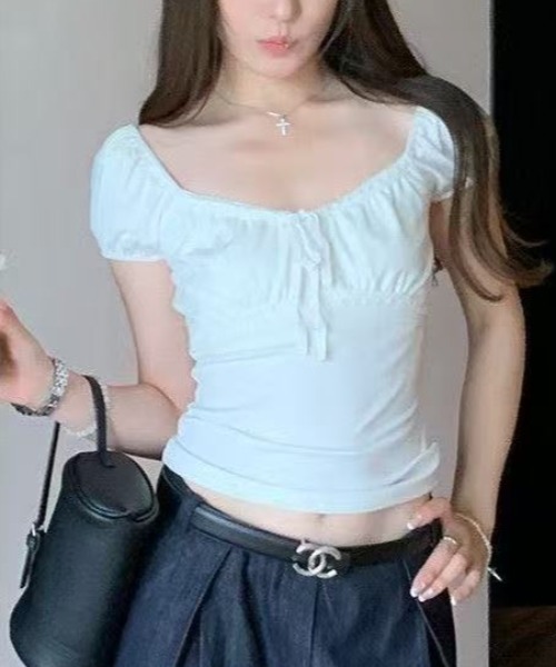 Achic(アシック)の「レースリボンギャザー半袖トップス(Tシャツ/カットソー・レディース・ダークグレー/ホワイト・M)」の20枚目の写真