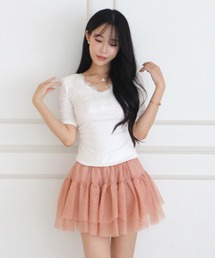 ALLuRing ChaRm | V-neck Lace Gathered T-shirt / VネックレースギャザーTシャツ(Tシャツ/カットソー)