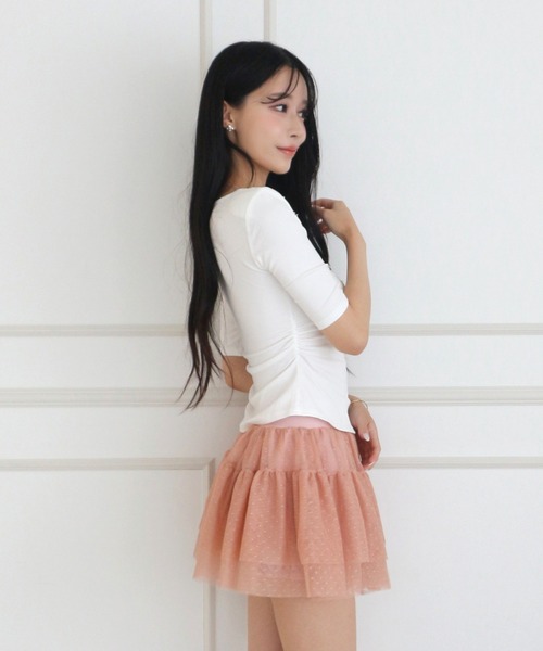 ALLuRing ChaRm(アリュリングチャーム)の「V-neck Lace Gathered T-shirt / VネックレースギャザーTシャツ(Tシャツ/カットソー・レディース・ホワイト・FREE)」の5枚目の写真