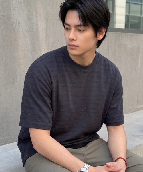 BENUSTA(ベヌスタ)の「A'GEM/9 × .kom 『BENUSTA/ベヌスタ 』Nep Jacquard Short Sleeve T-shirt/ネップジャガード半袖Tシャツ(Tシャツ/カットソー・メンズ・ホワイト/ブラック・M)」の6枚目の写真