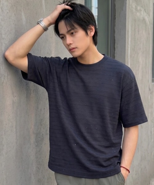 BENUSTA(ベヌスタ)の「A'GEM/9 × .kom 『BENUSTA/ベヌスタ 』Nep Jacquard Short Sleeve T-shirt/ネップジャガード半袖Tシャツ(Tシャツ/カットソー・メンズ・ホワイト/ブラック・M)」の4枚目の写真