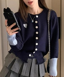 配色リブハート刺繍ニットカーディガン 長袖 【オフィスカジュアル】【きれいめカジュアル】 レディース韓国風 春服 秋服 冬服
